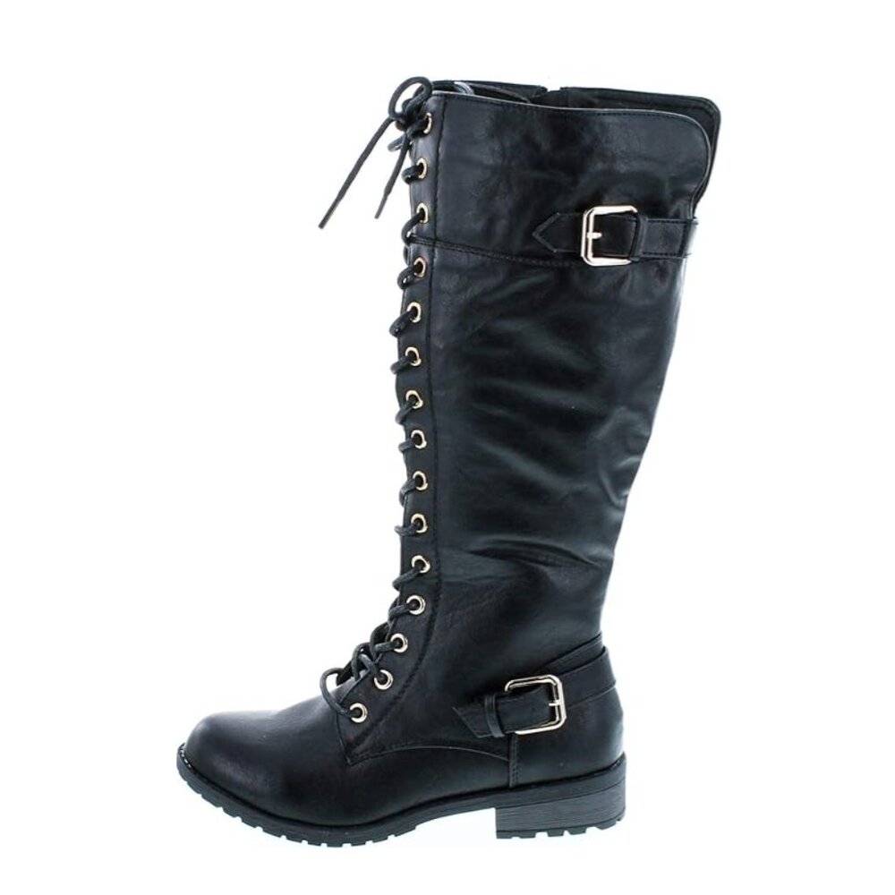 Women's Black Lace-up Knee High Buckle Riding Boots, Sz 10, NEW - Picture 3 of 6